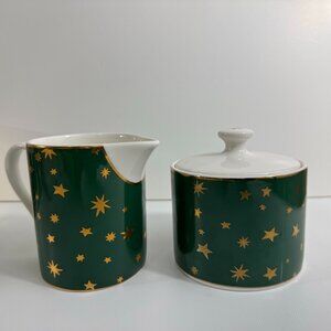 Sakura Galaxy Fine China Holiday Dinnerware Sugar Creamer Green 14K Gold Stars